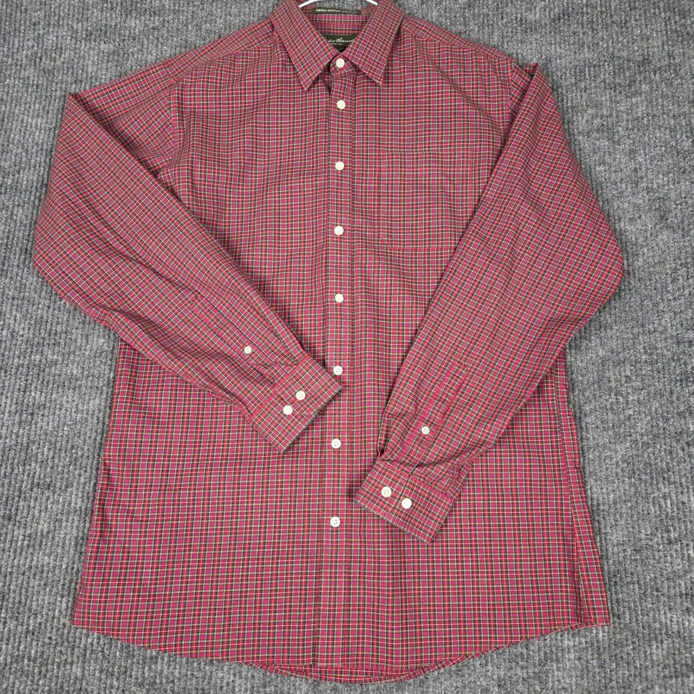 Eddie Bauer Mens Tall XL Red Plaid Wrinkle Resistant Classic Button Down Shirt